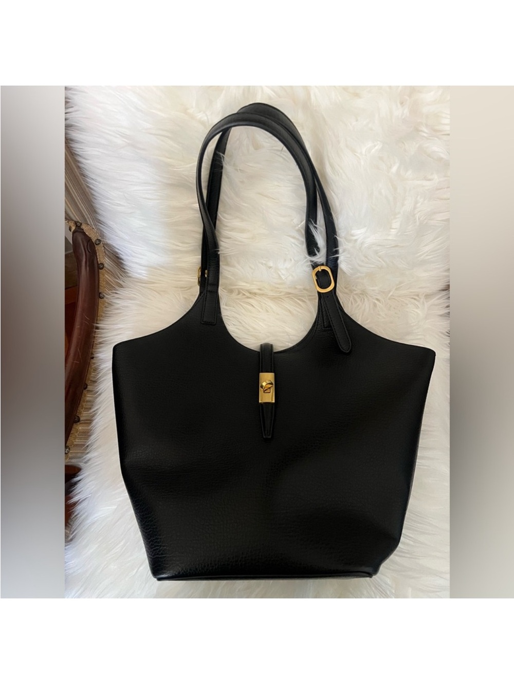 Mystique Boutique Black Leather Shoulder Tote with Gold Accent